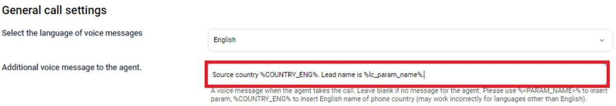 Call settings screen with language selection and agent voice message fields for lead and country variables