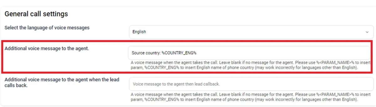 Call settings screen with language selection and agent voice message fields for inbound and callback calls Call settings screen with language selection and agent voice message fields for inbound and callback calls