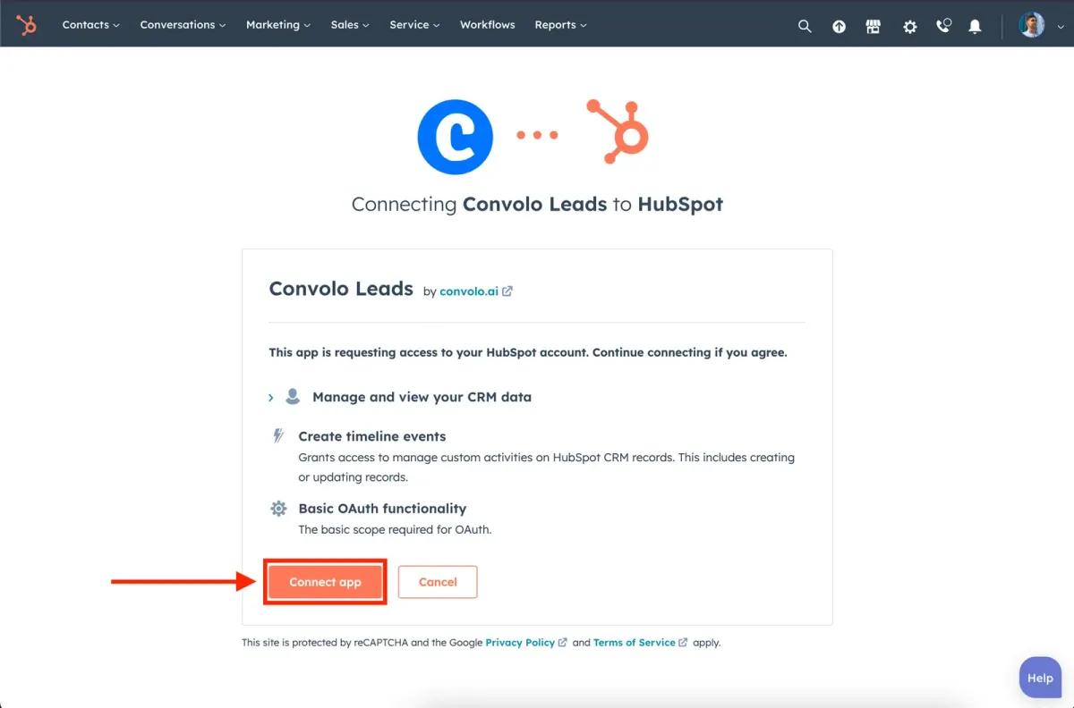 HubSpot CRM authorization screen connecting Convolo Leads and granting CRM data and timeline event access HubSpot CRM authorization screen connecting Convolo Leads and granting CRM data and timeline event access