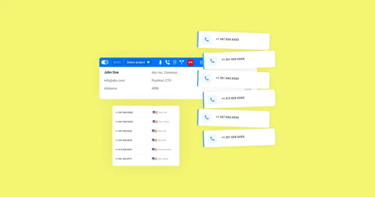 Dialer interface with call queue, contact details, and CRM fields for outbound calling workflows