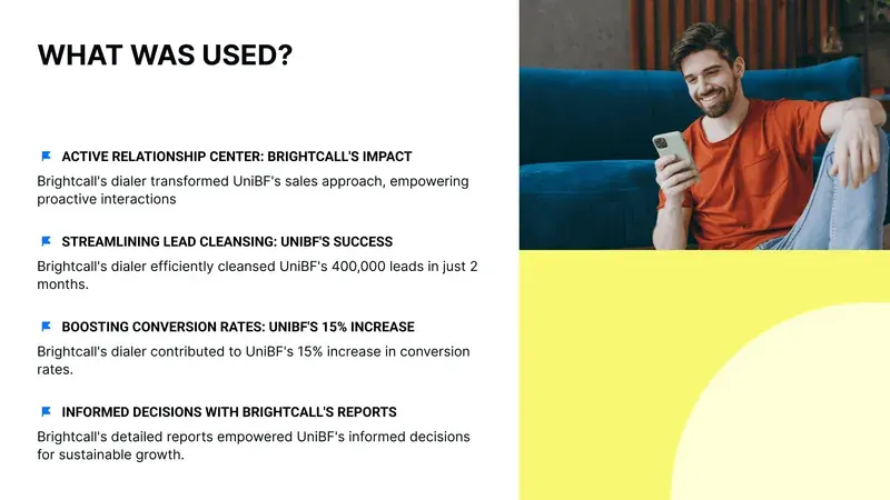 Brightcall power dialer case study notes lead cleansing, reports, and UniBF’s 15% conversion increase Brightcall power dialer case study notes lead cleansing, reports, and UniBF’s 15% conversion increase