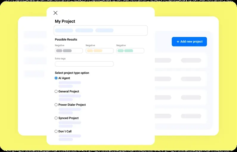 Project setup screen with options for AI Agent, General Project, Power Dialer Project, Synced Project, and Don't Call Project setup screen with options for AI Agent, General Project, Power Dialer Project, Synced Project, and Don't Call