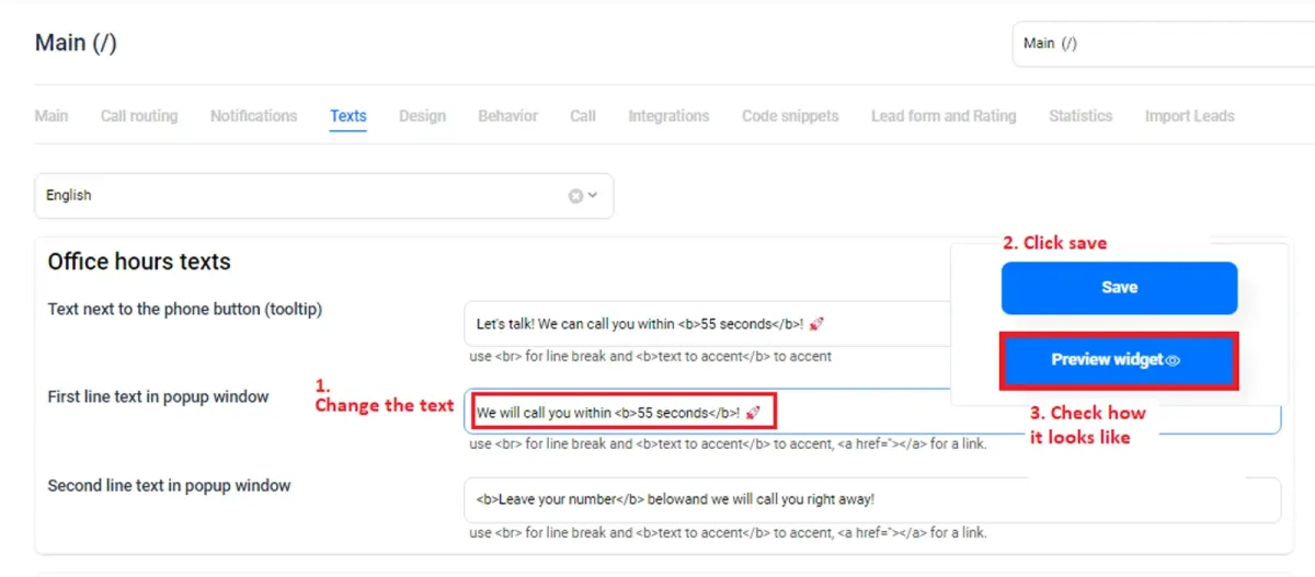 Screenshot of Brightcall callback text settings showing a 55-second call message for a speed to lead demo Screenshot of Brightcall callback text settings showing a 55-second call message for a speed to lead demo