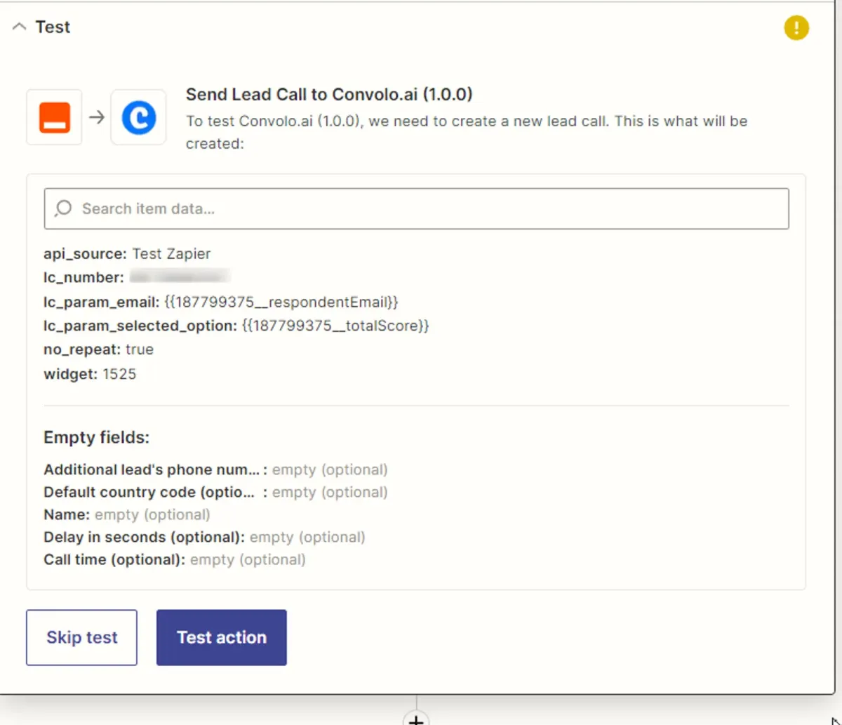 Screenshot of a test lead call setup showing fields for email, score, phone, and call timing Screenshot of a test lead call setup showing fields for email, score, phone, and call timing